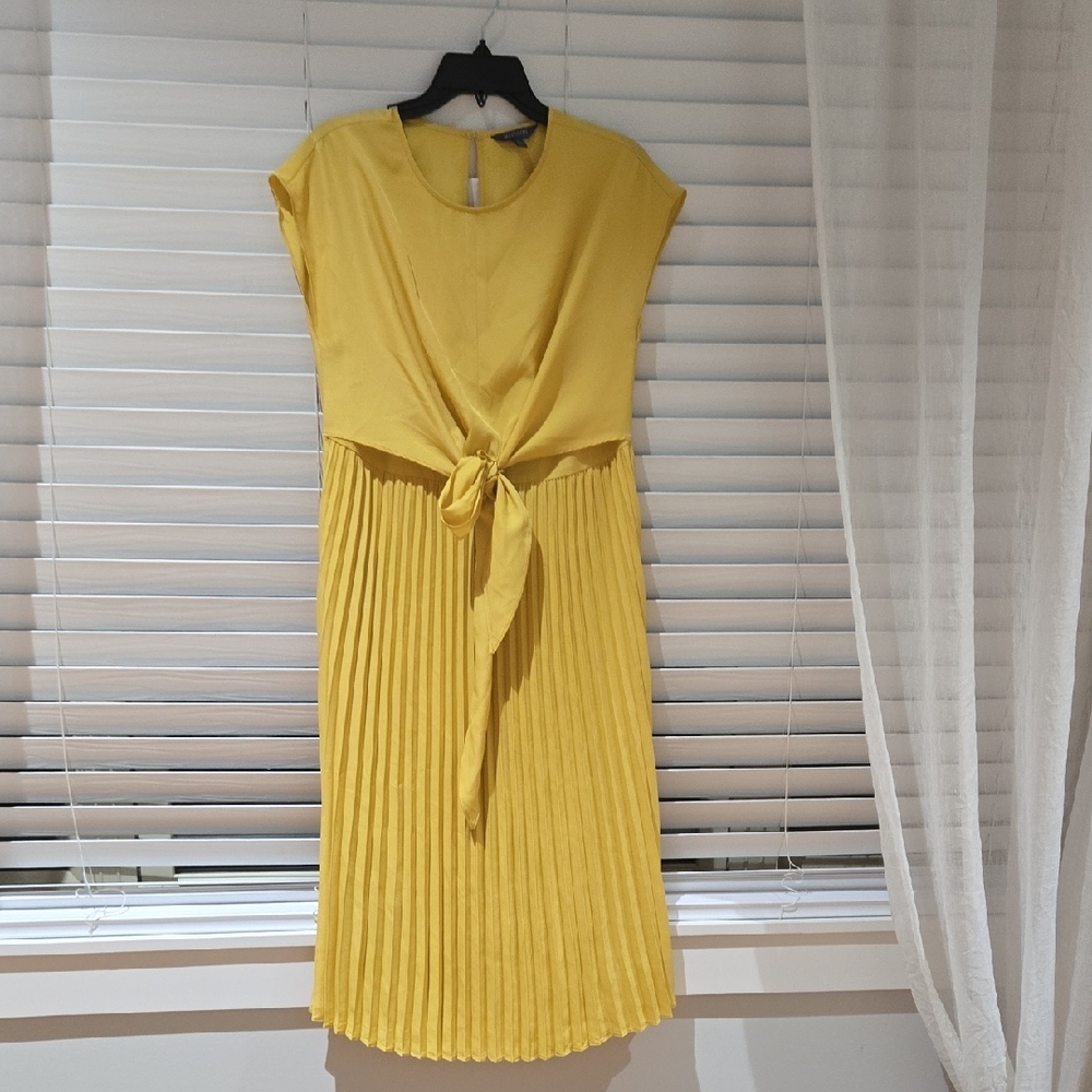 Madison Yellow Tie-Waist Pleated Midi Dress